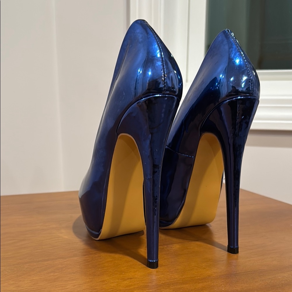 13cm Blue Platform Peep-Toe Heels - Picture 3 of 3